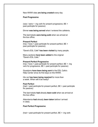 New WWW sites are being created every day

Past Progressive


(was / were + -ing verb for present progressive, BE +
past participle for passive):

Dinner was being served when I entered the cafeteria.

The last tickets were being sold when we arrived at
the box office.

Present Perfect
(has / have + past participle for present perfect, BE +
past participle for passive):

"Dave's ESL Cafe" has been visited by many people.

Many sections have been added to the original
"Dave's ESL Cafe."

Present Perfect Progressive
(has / have + past participle for present perfect, BE + -ing
verb for progressive, BE + past participle for passive):

Questions have been being sent to the ESL Cafe's
Help Center since its first days on the WWW.

His car has been being repaired for more than
a week. When will it be ready?

Past Perfect
(had + past participle for present perfect, BE + past participle
for passive):

The last tickets had already been sold when we arrived at
the box office.

Attendance had already been taken before I arrived
in class.

Past Perfect Progressive


(had + past participle for present perfect, BE + -ing verb
 