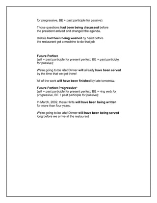 for progressive, BE + past participle for passive):

Those questions had been being discussed before
the president arrived and changed the agenda.

Dishes had been being washed by hand before
the restaurant got a machine to do that job



Future Perfect
(will + past participle for present perfect, BE + past participle
for passive):

We're going to be late! Dinner will already have been served
by the time that we get there!

All of the work will have been finished by late tomorrow.

Future Perfect Progressive*
(will + past participle for present perfect, BE + -ing verb for
progressive, BE + past participle for passive):

In March, 2002, these Hints will have been being written
for more than four years.

We're going to be late! Dinner will have been being served
long before we arrive at the restaurant
 