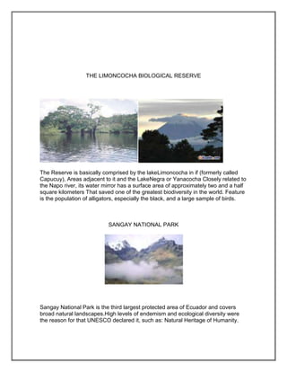 THE LIMONCOCHA BIOLOGICAL RESERVE




The Reserve is basically comprised by the lakeLimoncocha in if (formerly called
Capucuy), Areas adjacent to it and the LakeNegra or Yanacocha Closely related to
the Napo river, its water mirror has a surface area of approximately two and a half
square kilometers That saved one of the greatest biodiversity in the world. Feature
is the population of alligators, especially the black, and a large sample of birds.



                           SANGAY NATIONAL PARK




Sangay National Park is the third largest protected area of Ecuador and covers
broad natural landscapes.High levels of endemism and ecological diversity were
the reason for that UNESCO declared it, such as: Natural Heritage of Humanity.
 