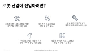 © 2019, Amazon Web Services, Inc. or its affiliates. All rights reserved.
­2
지능형 로봇 기능 개발을 위한
기계 학습 전문 기술 필요
지속적인 프로토타입
개발 및 변경 필요
로봇 기계 조립 및 작업
설정이 하루 이상 시간 소요
현실에 가까운 시뮬레이션
환경 구축에 한달 이상 걸림
애플리케이션 관리 시스템과
통합 하는데 시간 소요
 