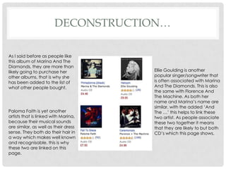 DECONSTRUCTION…

As I said before as people like
this album of Marina And The
Diamonds, they are more than
likely going to purchase her          Ellie Goulding is another
other albums, that is why she         popular singer/songwriter that
has been added to the list of         is often associated with Marina
what other people bought.             And The Diamonds. This is also
                                      the same with Florence And
                                      The Machine. As both her
                                      name and Marina’s name are
                                      similar, with the added ‘And
Paloma Faith is yet another           The …’ this helps to link these
artists that is linked with Marina,   two artist. As people associate
because their musical sounds          these two together it means
are similar, as well as their dress   that they are likely to but both
sense. They both do their hair in     CD’s which this page shows.
a way which makes well known
and recognisable, this is why
these two are linked on this
page.
 