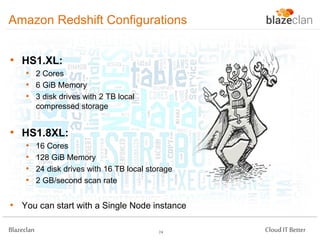 Amazon Redshift Configurations
• HS1.XL:
• 2 Cores
• 6 GiB Memory
• 3 disk drives with 2 TB local
compressed storage

• HS1.8XL:
•
•
•
•

16 Cores
128 GiB Memory
24 disk drives with 16 TB local storage
2 GB/second scan rate

• You can start with a Single Node instance
Blazeclan

24

Cloud IT Better

 