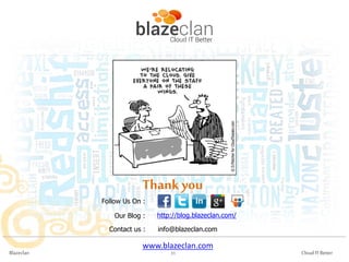 Thank you
Follow Us On :
Our Blog :
Contact us :
Blazeclan

http://blog.blazeclan.com/
info@blazeclan.com

www.blazeclan.com
31

Cloud IT Better

 