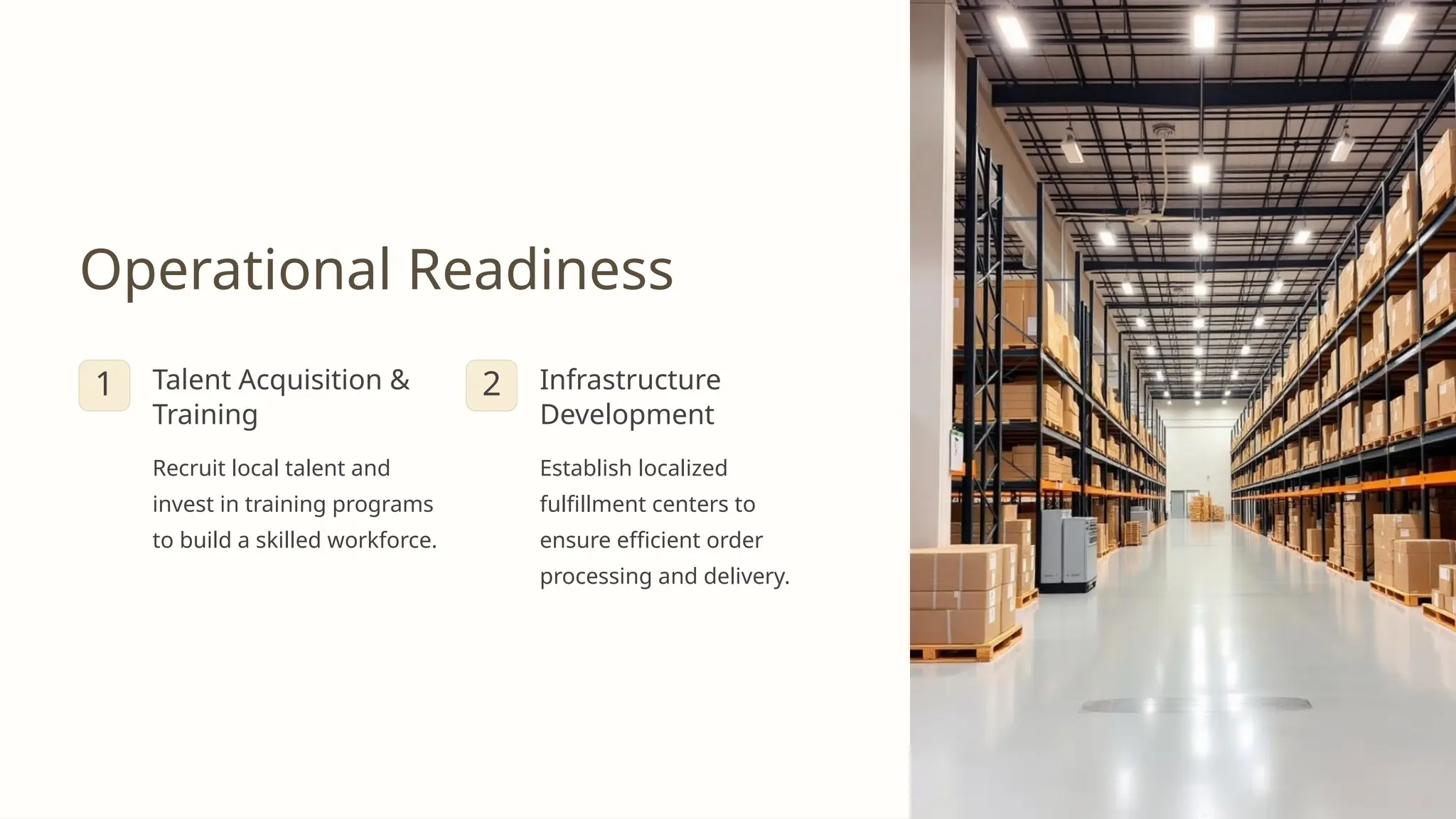 Operational Readiness
1 Talent Acquisition &
Training
Recruit local talent and
invest in training programs
to build a skilled workforce.
2 Infrastructure
Development
Establish localized
fulfillment centers to
ensure efficient order
processing and delivery.
 