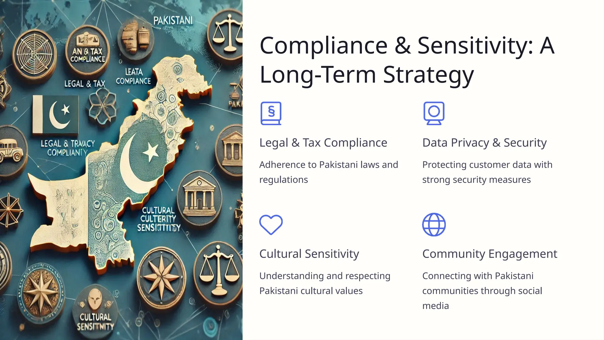 Compliance & Sensitivity: A
Long-Term Strategy
Legal & Tax Compliance
Adherence to Pakistani laws and
regulations
Data Privacy & Security
Protecting customer data with
strong security measures
Cultural Sensitivity
Understanding and respecting
Pakistani cultural values
Community Engagement
Connecting with Pakistani
communities through social
media
 