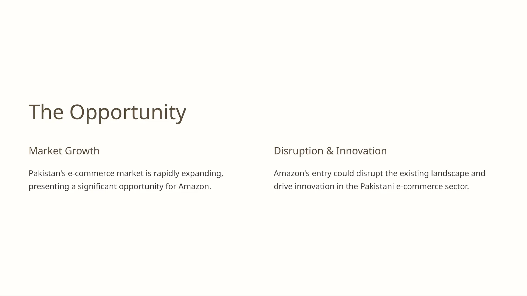 The Opportunity
Market Growth
Pakistan's e-commerce market is rapidly expanding,
presenting a significant opportunity for Amazon.
Disruption & Innovation
Amazon's entry could disrupt the existing landscape and
drive innovation in the Pakistani e-commerce sector.
 