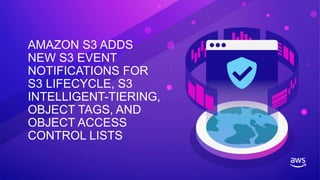 AMAZON S3 ADDS
NEW S3 EVENT
NOTIFICATIONS FOR
S3 LIFECYCLE, S3
INTELLIGENT-TIERING,
OBJECT TAGS, AND
OBJECT ACCESS
CONTROL LISTS
 