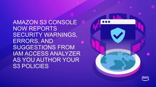 AMAZON S3 CONSOLE
NOW REPORTS
SECURITY WARNINGS,
ERRORS, AND
SUGGESTIONS FROM
IAM ACCESS ANALYZER
AS YOU AUTHOR YOUR
S3 POLICIES
 