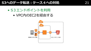 • S３エンドポイントを利⽤
• VPC内のEC2を経由する
S3へのデータ転送︓ケース４への対処 21
 
