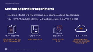 © 2022, Amazon Web Services, Inc. or its affiliates. All rights reserved. Amazon Confidential and Trademark.
AMAZON SAGEMAKER 학습 환경
Amazon SageMaker Experiments
대규모 실험 추적
실험 및 사용자의 매개 변수
및 평가 지표(metrics) 추적
실험의 구조화
실험과 trials의 구조화
평가 지표 기록
Python SDK와 API를
사용하여 맞춤 평가 지표를
기록하고 모델 추적
실험 간 비교
각 실험 간 시각화
및 비교
 
