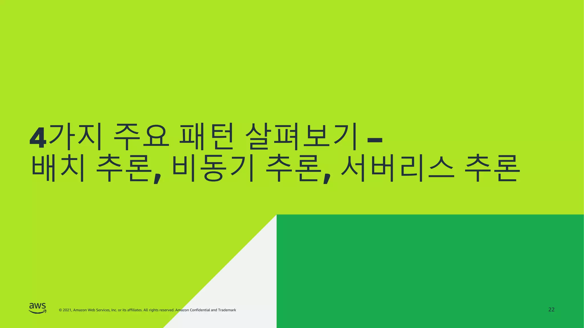 © 2022, Amazon Web Services, Inc. or its affiliates. All rights reserved. Amazon Confidential and Trademark.
AWS 전문가와 함께 익히는 모델 서빙 패턴
© 2021, Amazon Web Services, Inc. or its affiliates. All rights reserved. Amazon Confidential and Trademark.
4가지 주요 패턴 살펴보기 –
배치 추론, 비동기 추론, 서버리스 추론
22
 