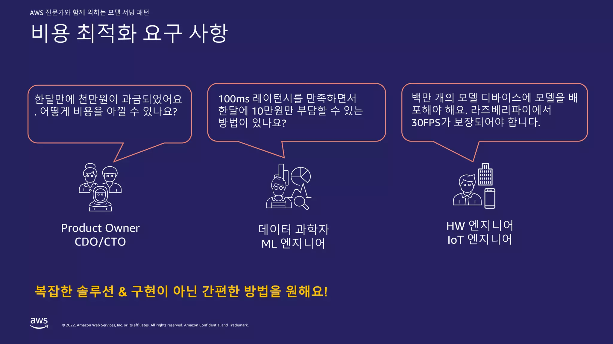 © 2022, Amazon Web Services, Inc. or its affiliates. All rights reserved. Amazon Confidential and Trademark.
AWS 전문가와 함께 익히는 모델 서빙 패턴
비용 최적화 요구 사항
Product Owner
CDO/CTO
HW 엔지니어
IoT 엔지니어
데이터 과학자
ML 엔지니어
한달만에 천만원이 과금되었어요
. 어떻게 비용을 아낄 수 있나요?
100ms 레이턴시를 만족하면서
한달에 10만원만 부담할 수 있는
방법이 있나요?
백만 개의 모델 디바이스에 모델을 배
포해야 해요. 라즈베리파이에서
30FPS가 보장되어야 합니다.
복잡한 솔루션 & 구현이 아닌 간편한 방법을 원해요!
 