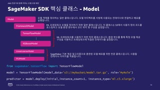 © 2022, Amazon Web Services, Inc. or its affiliates. All rights reserved. Amazon Confidential and Trademark.
AWS 전문가와 함께 익히는 모델 서빙 패턴
14
Model
FrameworkModel
TensorFlowModel
ML 프레임워크 모델을 정의하기 위한 일반 클래스입니다. 이 클래스는 S3에서 사용자 정의 코드를
호스팅하고 모델 환경 변수에서 코드 위치 및 구성을 설정합니다.
모델 객체를 정의하는 일반 클래스입니다. 모델 아티팩트를 서빙에 사용되는 컨테이너와 연결하고 배포를
실행합니다.
XGBoostModel
…
ML 프레임워크를 사용하기 위한 하위 클래스입니다. 환경 변수를 통해 특정 모델 제공
구성을 사용하고 프레임워크에 적절한 컨테이너를 설정합니다.
LinearLearnerModel
PCAModel
…
SageMaker 기본 제공 알고리즘으로 훈련된 모델 배포를 위한 전문 클래스입니다. 사용할
컨테이너 이미지를 적용합니다.
SageMaker SDK 핵심 클래스 - Model
from sagemaker.tensorflow import TensorFlowModel
model = TensorFlowModel(model_data='s3://mybucket/model.tar.gz’, role='MyRole’)
predictor = model.deploy(initial_instance_count=1, instance_type='ml.c5.xlarge’)
 