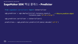 © 2022, Amazon Web Services, Inc. or its affiliates. All rights reserved. Amazon Confidential and Trademark.
AWS 전문가와 함께 익히는 모델 서빙 패턴
SageMaker SDK 핵심 클래스 - Predictor
from sagemaker.serializers import CSVSerializer
xgb_predictor = xgb.deploy(initial_instance_count=1,
instance_type='ml.m4.xlarge’)
xgb_predictor.serializer = CSVSerializer()
predictions = xgb_predictor.predict(inf_data).decode('utf-8')
--> Returns predictor object
 
