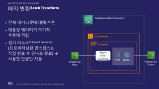 © 2022, Amazon Web Services, Inc. or its affiliates. All rights reserved. Amazon Confidential and Trademark.
AWS 전문가와 함께 익히는 모델 서빙 패턴
배치 변환Batch Transform
Agent
mini-
batching
ML Instances
Container
Amazon S3
Input
Code Model
SageMaker Batch Transform
• 전체 데이터셋에 대해 추론
• 대용량 데이터의 주기적
추론에 적합
• 임시 리소스Transient resources
(프로비저닝된 인스턴스는
작업 완료 후 곧바로 종료) →
사용한 만큼만 지불
Amazon S3
Output
 