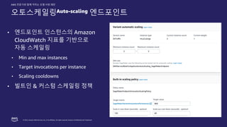 © 2022, Amazon Web Services, Inc. or its affiliates. All rights reserved. Amazon Confidential and Trademark.
AWS 전문가와 함께 익히는 모델 서빙 패턴
오토스케일링Auto-scaling 엔드포인트
• 엔드포인트 인스턴스의 Amazon
CloudWatch 지표를 기반으로
자동 스케일링
• Min and max instances
• Target invocations per instance
• Scaling cooldowns
• 빌트인 & 커스텀 스케일링 정책
 