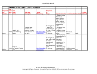 Canvas Info Tech Inc.

EXAMPLE OF A TEST CASE (Amazon)
Test
Requirem Case Test
ent
Num Case
Number ber
Name

Test case
description

This test case
searches for
products that we
know Amazon will
not carry

UC001

Search for a
TC00 product: Wrong
3
search

UC002

Login to
TC00 the System:Positive
4
Test

Target
URL (if any)

Sequence
of
Steps

Expected Results
1. System should
show you a
Search product
page with a text
box for entering
the product name
and a Submit
1. Navigate to
button
"Search for a
2. No action from
product" page
the system
2. Enter "10 tola 3. System should
http://internalQA. gold bar"
say "No matches
amazon.com
3. Hit Enter
found".
1. The login page
is displayed with a
1. Navigate to
textbox for
the "Login Page" Username,
2. Enter
Textbox for
username =
Password and a
marufa
Submit Button
and password = 2. No output
good
3. Welcome page
http://internalQA. 3. Hit Enter
is displayed with
amazon.com
time of last login.

If Failed,
Actual Results Pass/Fail Defect ID

No results
found

Pass

Welcome page
displayed
Pass

Be bold! Be fearless! Be attentive
Copyright; All Rights Reserved: Canvas InfoTech Inc.; 2006-2012; Do not distribute; Do not copy

 