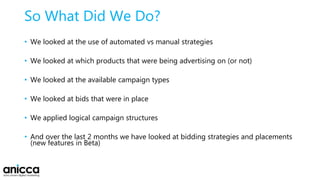 So What Did We Do?
• We looked at the use of automated vs manual strategies
• We looked at which products that were being advertising on (or not)
• We looked at the available campaign types
• We looked at bids that were in place
• We applied logical campaign structures
• And over the last 2 months we have looked at bidding strategies and placements
(new features in Beta)
 