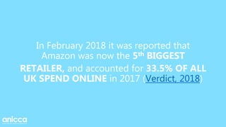 In February 2018 it was reported that
Amazon was now the 5th BIGGEST
RETAILER, and accounted for 33.5% OF ALL
UK SPEND ONLINE in 2017 (Verdict, 2018)
 