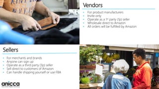 Vendors
Sellers
• For product manufacturers
• Invite only
• Operate as a 1st party (1p) seller
• Wholesale direct to Amazon
• All orders will be fulfilled by Amazon
• For merchants and brands
• Anyone can sign up
• Operate as a third party (3p) seller
• Sell direct to customers of Amazon
• Can handle shipping yourself or use FBA
 