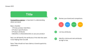 Review your brand and competitors.
List key attributes.
Identify criteria and rank attributes
as high or low.
Title
Primary product identifiers
Product specifications
Product attributes
Benefits or where/when/why to use your product
Competitive analysis is important in understanding
where we stand.
Basic checklist
1.
2.
3.
4.
Next, we will identify the attributes of the title that seem
to be helping them do well.
Note: Titles should not have claims or brand superiority
statements
1
2
3
Your
Brand Competitor A Competitor B Competitor C
Amazon SEO
 