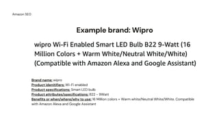 Example brand: Wipro
Amazon SEO
Brand name: wipro
Product idenitifiers: Wi-Fi enabled
Product specifications: Smart LED bulb
Product attributes/specifications: B22 - 9Watt
Benefits or when/where/why to use: 16 Million colors + Warm white/Neutral White/White. Compatible
with Amazon Alexa and Google Assistant
 
