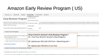 Amazon Early Review Program ( US)
How to Enrol in Amazon’s Early Reviewer Program ?
#1. Enrol Your Brand in Amazon’s Brand Registry
#2. Upload your SKU with CSV from < Advertising tab >
#3. Upload upto 100 SKUs at one time
 
