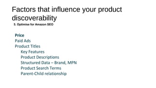 Factors that influence your product
discoverability
5. Optimise for Amazon SEO
Price
Paid Ads
Product Titles
Key Features
Product Descriptions
Structured Data – Brand, MPN
Product Search Terms
Parent-Child relationship
 