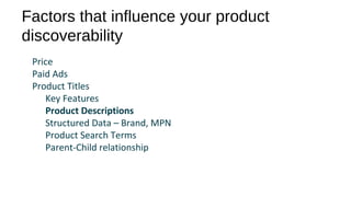 Factors that influence your product
discoverability
Price
Paid Ads
Product Titles
Key Features
Product Descriptions
Structured Data – Brand, MPN
Product Search Terms
Parent-Child relationship
 