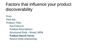Factors that influence your product
discoverability
Price
Paid Ads
Product Titles
Key Features
Product Descriptions
Structured Data – Brand, MPN
Product Search Terms
Parent-Child relationship
 