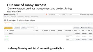 Our one of many success
 Our work: sponsored ads management and product listing 
optimisation
< Group Training and 1-to-1 consulting available >
 