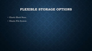 FLEXIBLE STORAGE OPTIONS
• Elastic Block Store
• Elastic File System
 