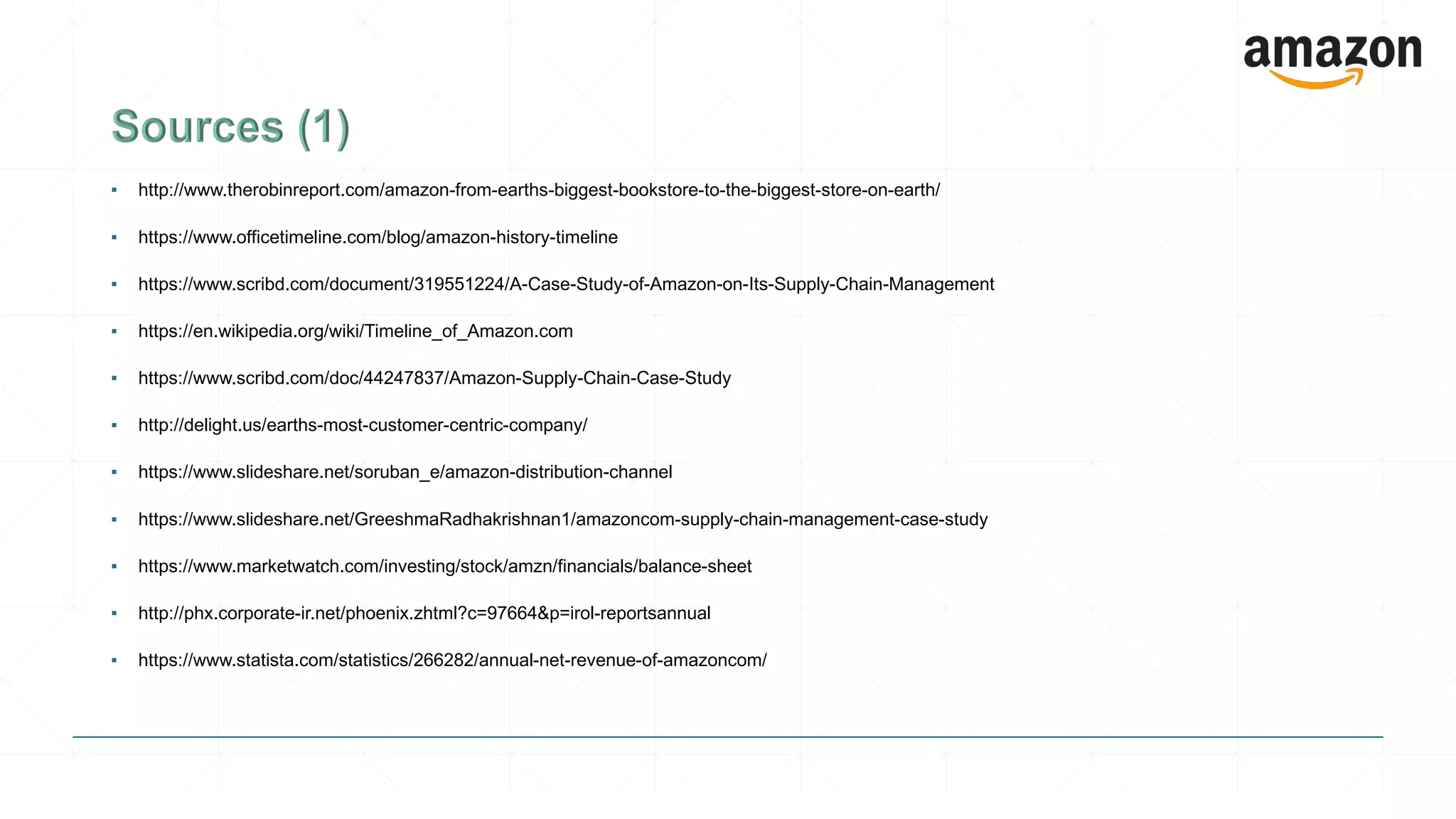 ▪ http://www.therobinreport.com/amazon-from-earths-biggest-bookstore-to-the-biggest-store-on-earth/
▪ https://www.officetimeline.com/blog/amazon-history-timeline
▪ https://www.scribd.com/document/319551224/A-Case-Study-of-Amazon-on-Its-Supply-Chain-Management
▪ https://en.wikipedia.org/wiki/Timeline_of_Amazon.com
▪ https://www.scribd.com/doc/44247837/Amazon-Supply-Chain-Case-Study
▪ http://delight.us/earths-most-customer-centric-company/
▪ https://www.slideshare.net/soruban_e/amazon-distribution-channel
▪ https://www.slideshare.net/GreeshmaRadhakrishnan1/amazoncom-supply-chain-management-case-study
▪ https://www.marketwatch.com/investing/stock/amzn/financials/balance-sheet
▪ http://phx.corporate-ir.net/phoenix.zhtml?c=97664&p=irol-reportsannual
▪ https://www.statista.com/statistics/266282/annual-net-revenue-of-amazoncom/
 