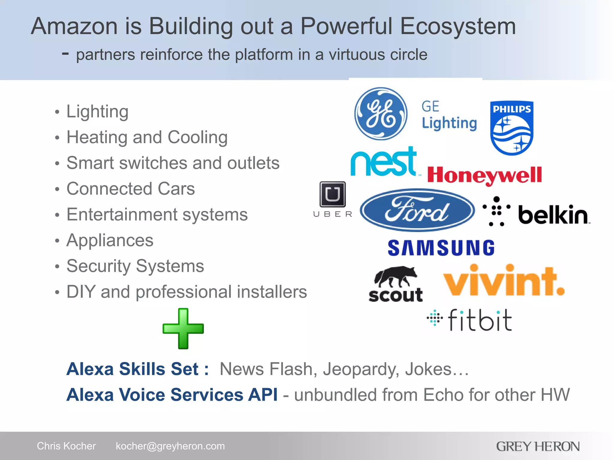 • Lighting
• Heating and Cooling
• Smart switches and outlets
• Connected Cars
• Entertainment systems
• Appliances
• Security Systems
• DIY and professional installers
Alexa Skills Set : News Flash, Jeopardy, Jokes…
Alexa Voice Services API - unbundled from Echo for other HW
Amazon is Building out a Powerful Ecosystem
- partners reinforce the platform in a virtuous circle
Chris Kocher kocher@greyheron.com
 