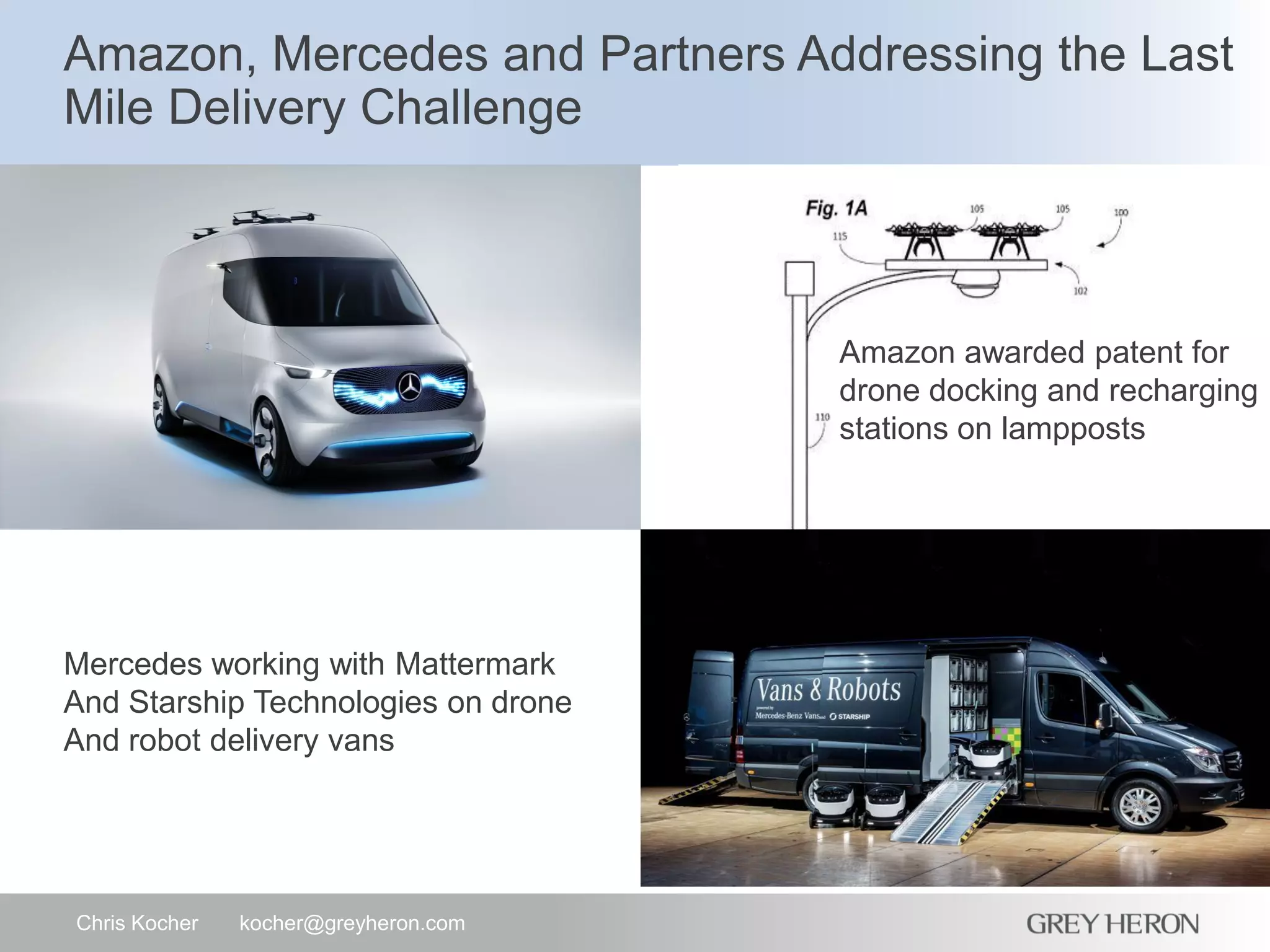 Amazon, Mercedes and Partners Addressing the Last
Mile Delivery Challenge
Chris Kocher kocher@greyheron.com
Amazon awarded patent for
drone docking and recharging
stations on lampposts
Mercedes working with Mattermark
And Starship Technologies on drone
And robot delivery vans
 