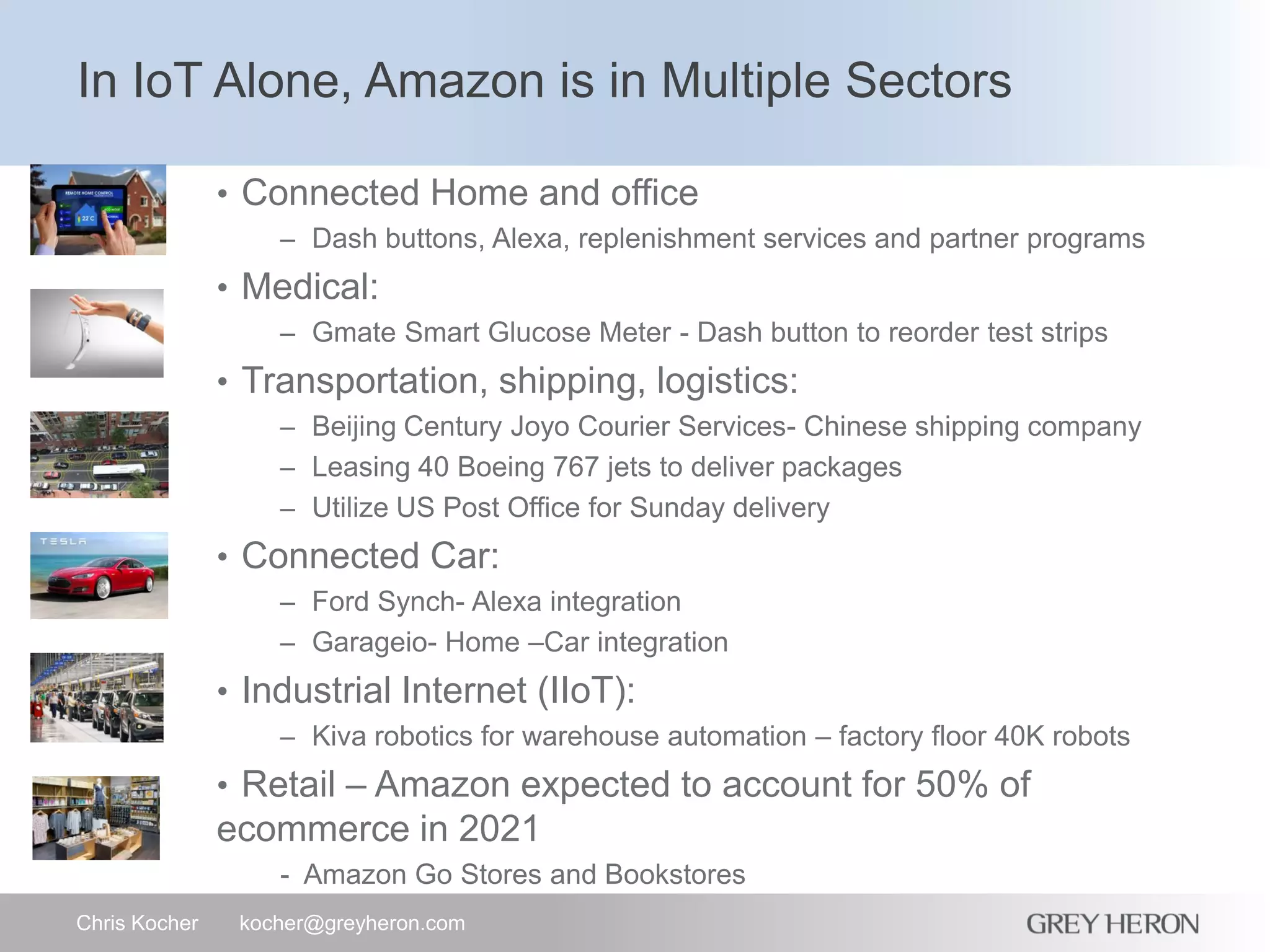In IoT Alone, Amazon is in Multiple Sectors
Chris Kocher kocher@greyheron.com
• Connected Home and office
– Dash buttons, Alexa, replenishment services and partner programs
• Medical:
– Gmate Smart Glucose Meter - Dash button to reorder test strips
• Transportation, shipping, logistics:
– Beijing Century Joyo Courier Services- Chinese shipping company
– Leasing 40 Boeing 767 jets to deliver packages
– Utilize US Post Office for Sunday delivery
• Connected Car:
– Ford Synch- Alexa integration
– Garageio- Home –Car integration
• Industrial Internet (IIoT):
– Kiva robotics for warehouse automation – factory floor 40K robots
• Retail – Amazon expected to account for 50% of
ecommerce in 2021
- Amazon Go Stores and Bookstores
 