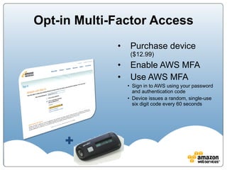 Opt-in Multi-Factor Access Purchase device ($12.99) Enable AWS MFA Use AWS MFA Sign in to AWS using your password and authentication code Device issues a random, single-use six digit code every 60 seconds + 