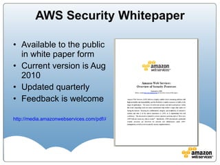 AWS Security Whitepaper Available to the public in white paper form Current version is Aug 2010 Updated quarterly Feedback is welcome http://media.amazonwebservices.com/pdf/AWS_Security_Whitepaper.pdf 