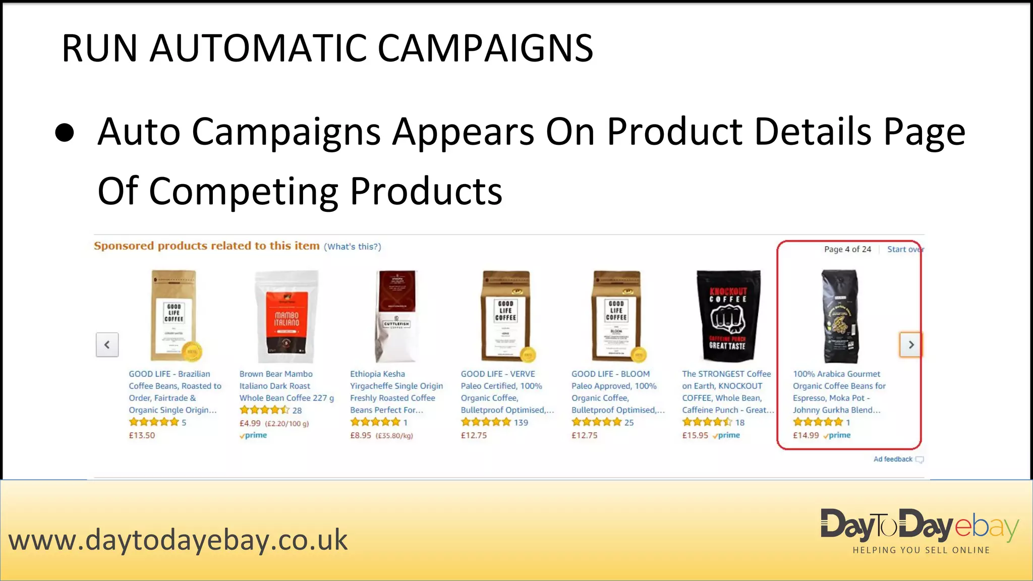 RUN AUTOMATIC CAMPAIGNS
● Auto Campaigns Appears On Product Details Page
Of Competing Products
www.daytodayebay.co.uk
 