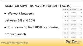 MONITOR ADVERTISING COST OF SALE ( ACOS )
www.daytodayebay.co.uk
● We work between
between 5% and 20%
● It is normal to find 100% cost during
product launch
 