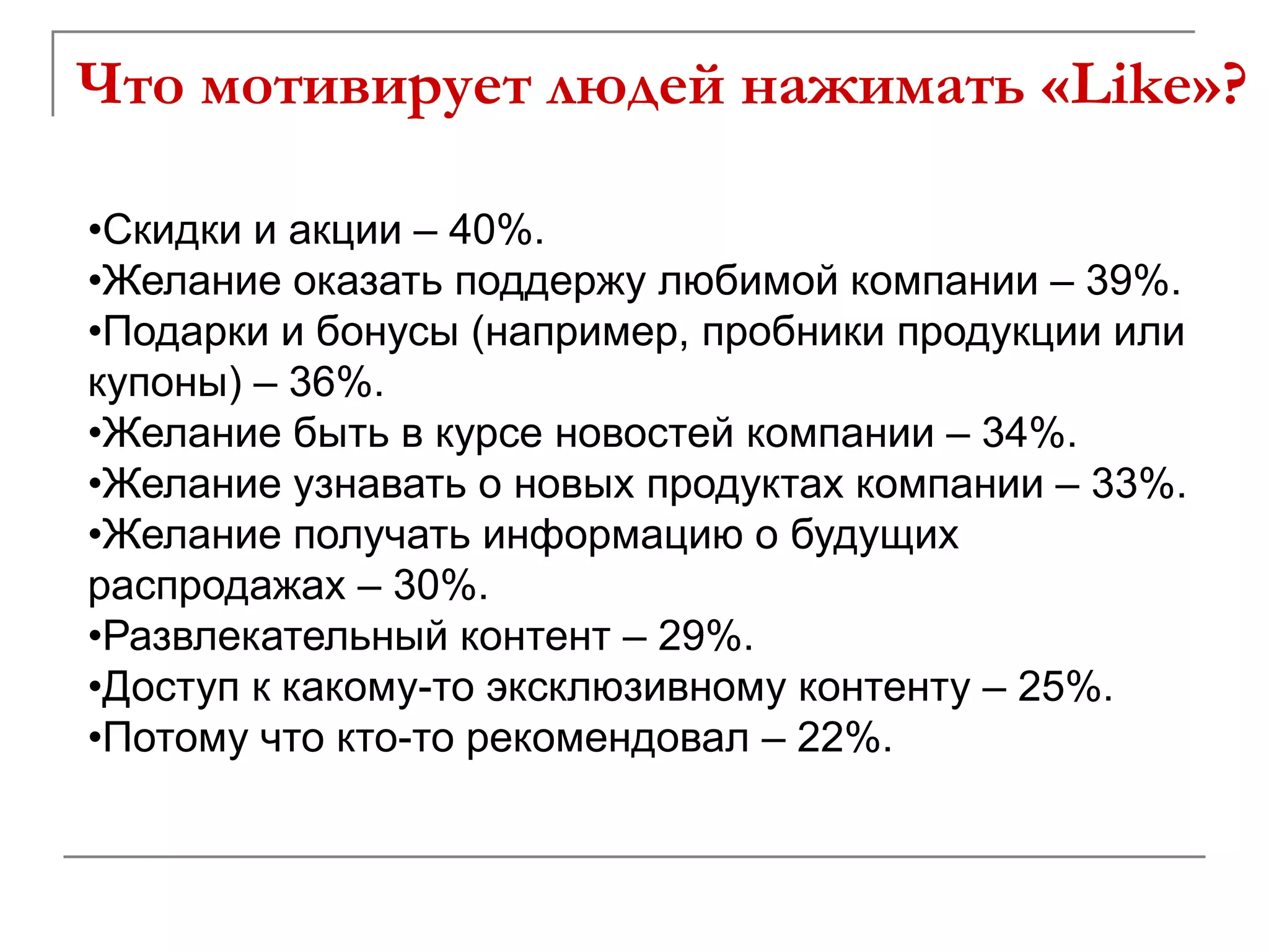 Что мотивирует людей нажимать «Like»?

•Скидки и акции – 40%.
•Желание оказать поддержу любимой компании – 39%.
•Подарки и бонусы (например, пробники продукции или
купоны) – 36%.
•Желание быть в курсе новостей компании – 34%.
•Желание узнавать о новых продуктах компании – 33%.
•Желание получать информацию о будущих
распродажах – 30%.
•Развлекательный контент – 29%.
•Доступ к какому-то эксклюзивному контенту – 25%.
•Потому что кто-то рекомендовал – 22%.
 