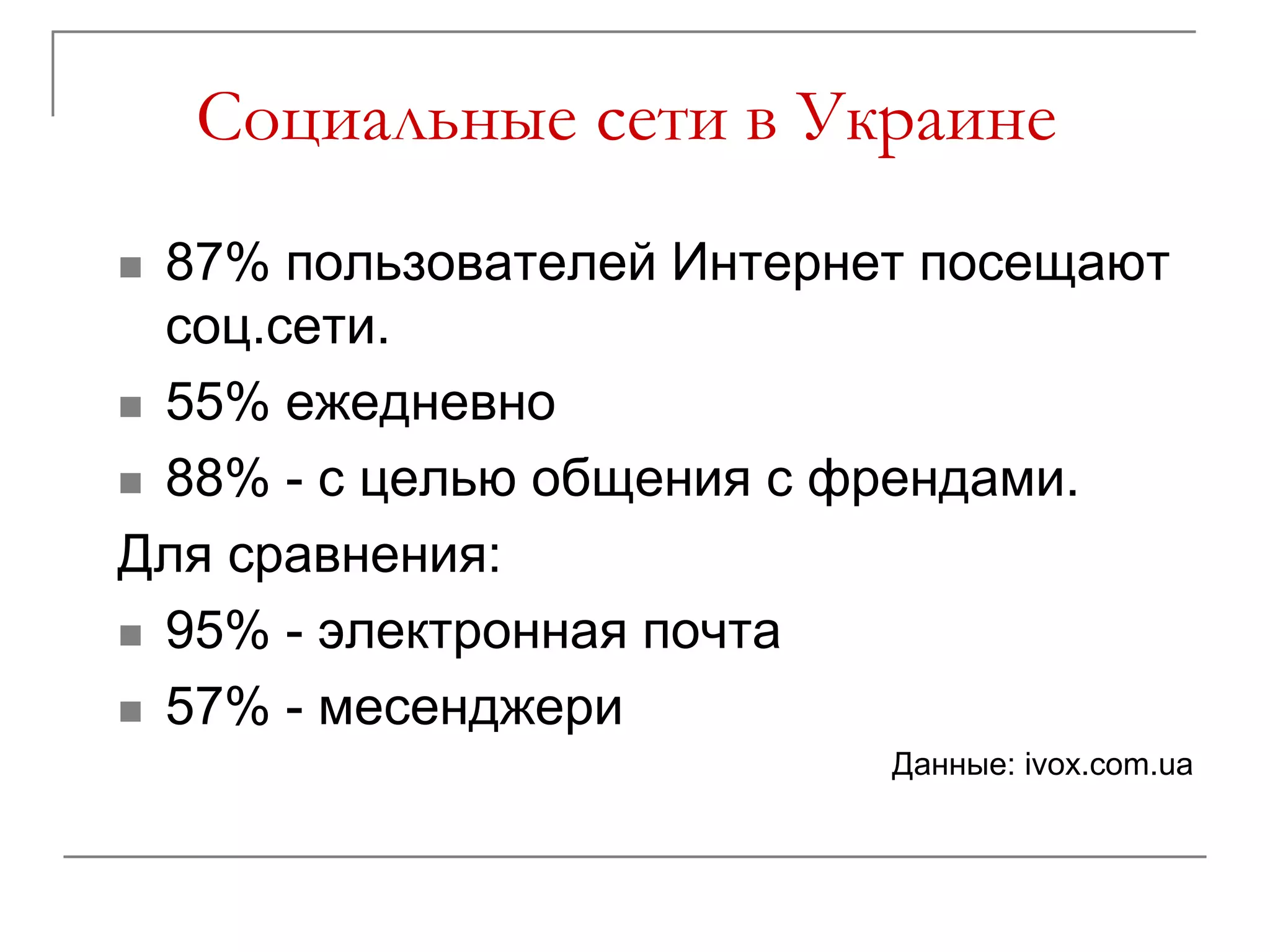 Социальные сети в Украине
 87% пользователей Интернет посещают
  соц.сети.
 55% ежедневно

 88% - с целью общения с френдами.

Для сравнения:
 95% - электронная почта

 57% - месенджери
                           Данные: ivox.com.ua
 
