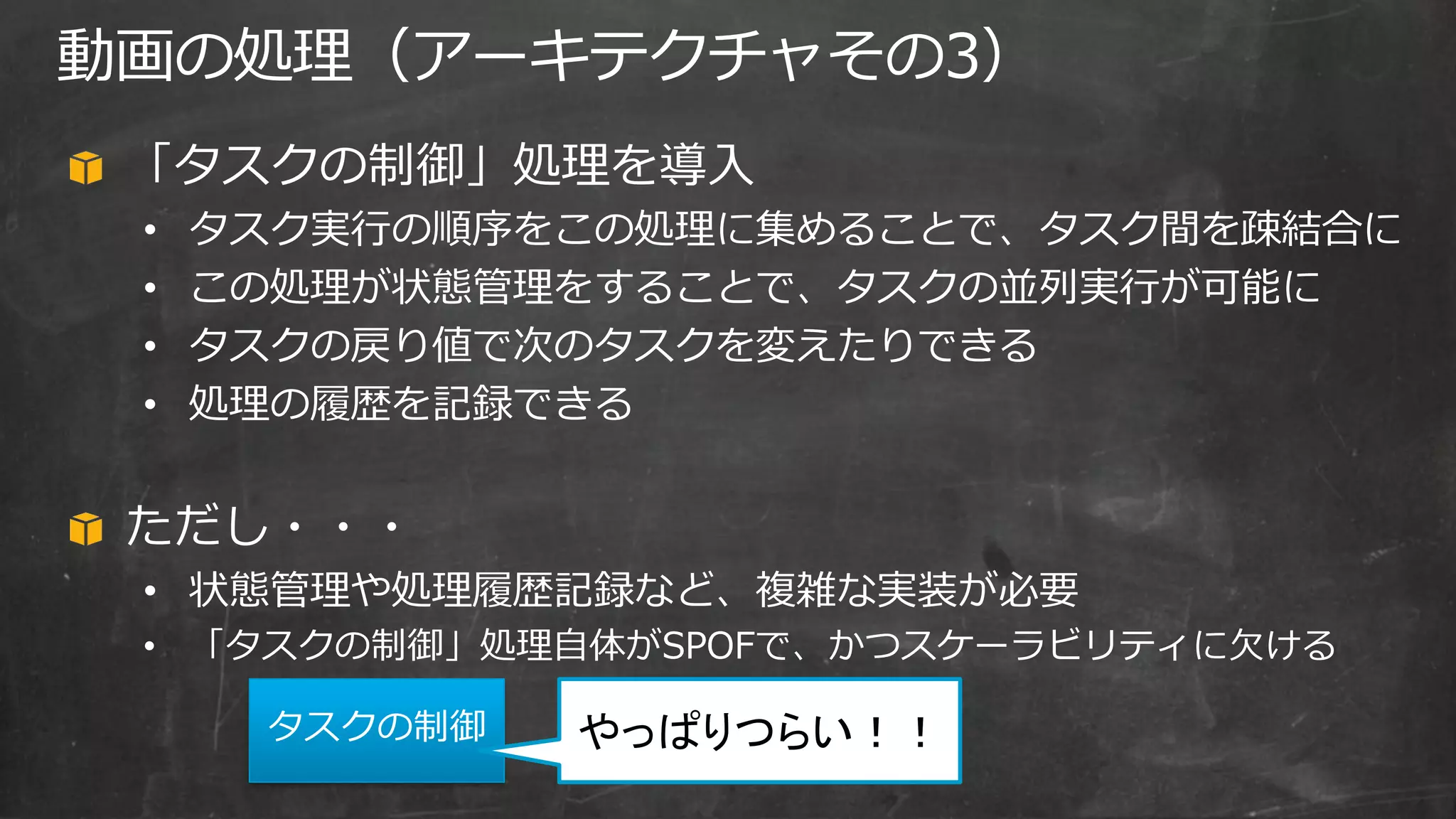 「タスクの制御」処理を導入
• タスク実行の順序をこの処理に集めることで、タスク間を疎結合に
• この処理が状態管理をすることで、タスクの並列実行が可能に
• タスクの戻り値で次のタスクを変えたりできる
• 処理の履歴を記録できる
ただし・・・
• 状態管理や処理履歴記録など、複雑な実装が必要
• 「タスクの制御」処理自体がSPOFで、かつスケーラビリティに欠ける
動画の処理（アーキテクチャその3）
タスクの制御
 