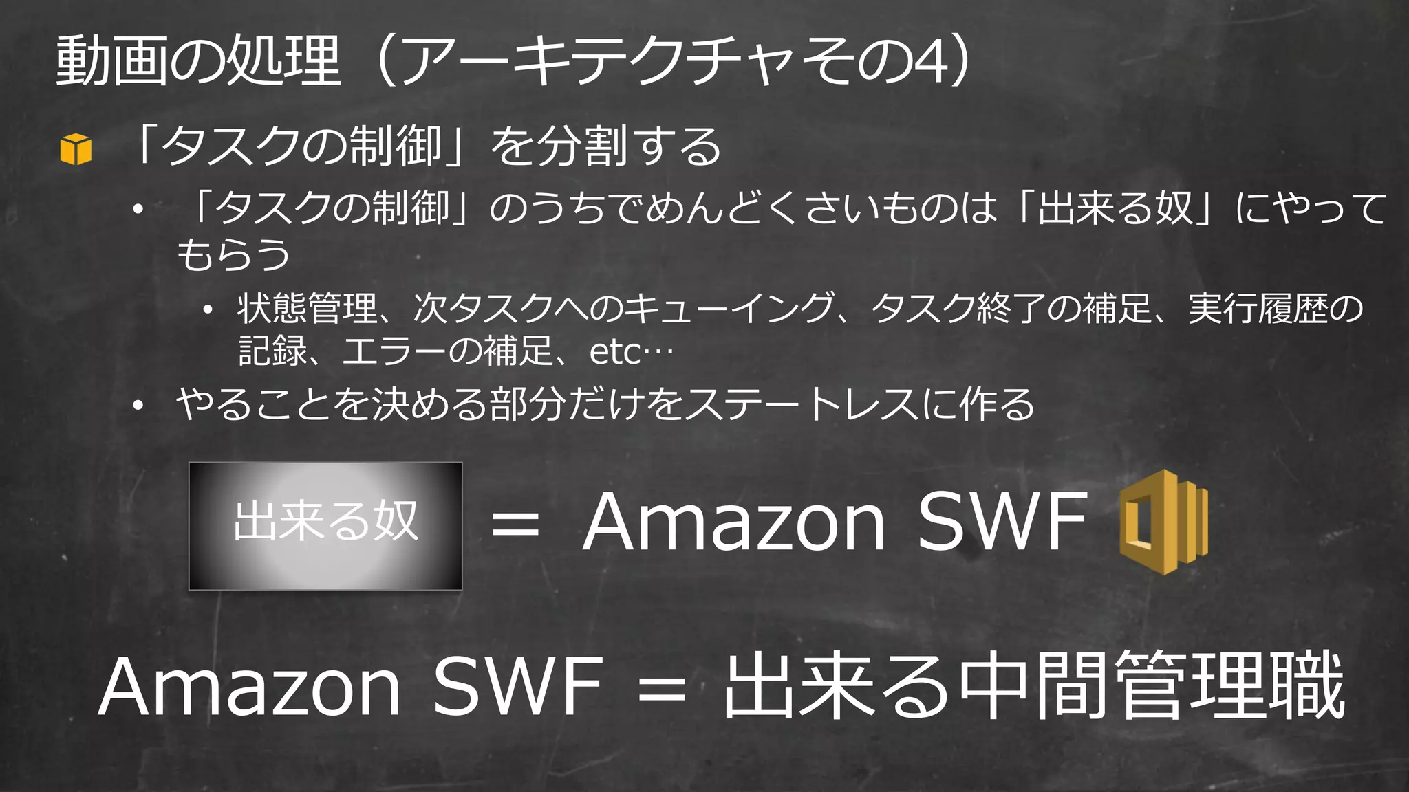 「タスクの制御」を分割する
• 「タスクの制御」のうちでめんどくさいものは「出来る奴」にやって
もらう
• 状態管理、次タスクへのキューイング、タスク終了の補足、実行履歴の
記録、エラーの補足、etc…
• やることを決める部分だけをステートレスに作る
動画の処理（アーキテクチャその4）
＝ Amazon SWF出来る奴
Amazon SWF = 出来る中間管理職
 