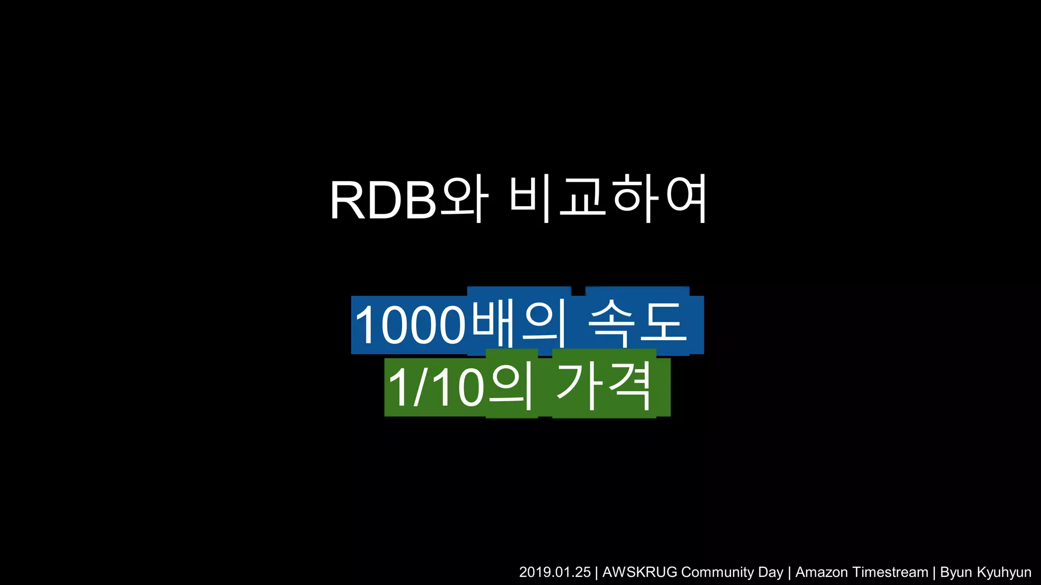RDB와 비교하여
1000배의 속도
1/10의 가격
2019.01.25 | AWSKRUG Community Day | Amazon Timestream | Byun Kyuhyun
 