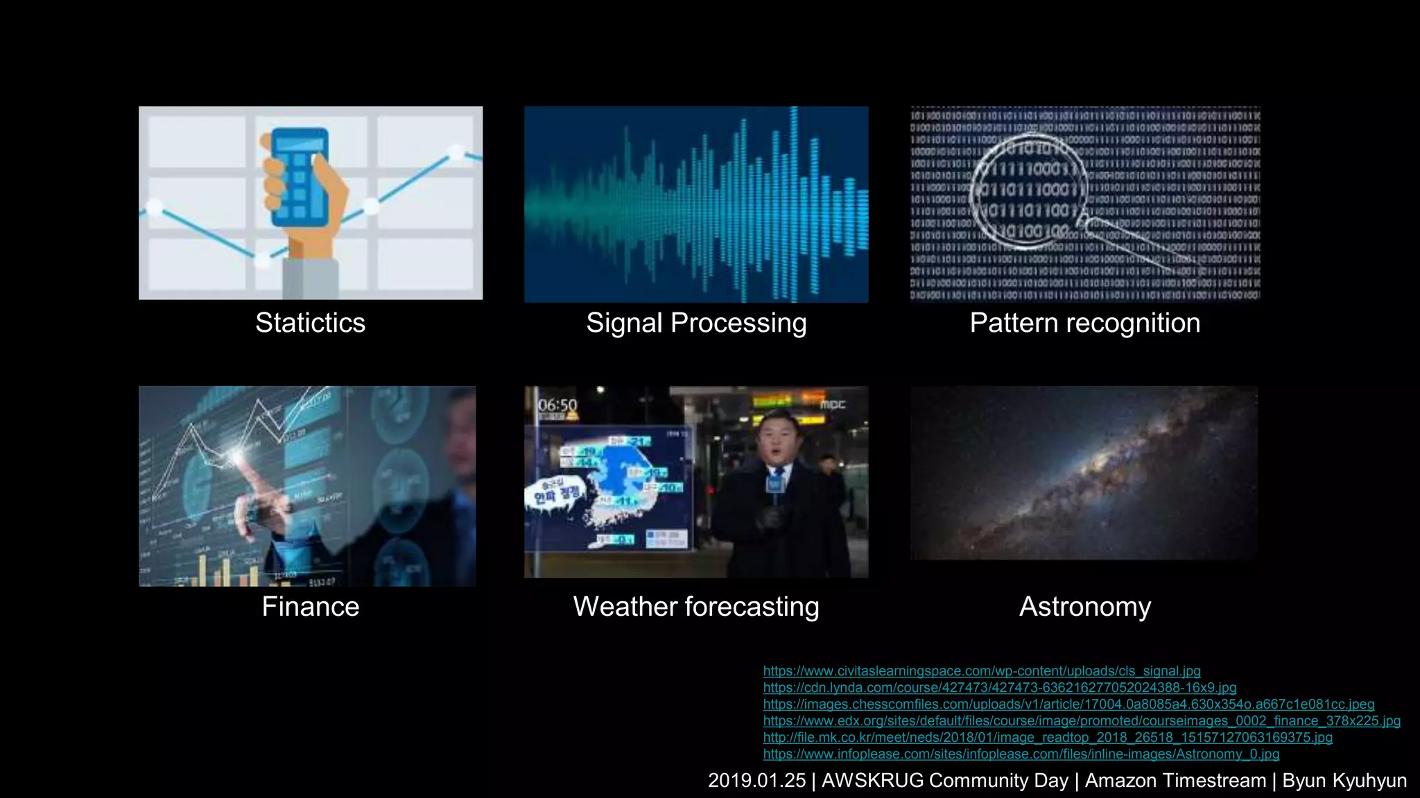 https://www.civitaslearningspace.com/wp-content/uploads/cls_signal.jpg
https://cdn.lynda.com/course/427473/427473-636216277052024388-16x9.jpg
https://images.chesscomfiles.com/uploads/v1/article/17004.0a8085a4.630x354o.a667c1e081cc.jpeg
https://www.edx.org/sites/default/files/course/image/promoted/courseimages_0002_finance_378x225.jpg
http://file.mk.co.kr/meet/neds/2018/01/image_readtop_2018_26518_15157127063169375.jpg
https://www.infoplease.com/sites/infoplease.com/files/inline-images/Astronomy_0.jpg
2019.01.25 | AWSKRUG Community Day | Amazon Timestream | Byun Kyuhyun
Statictics Signal Processing Pattern recognition
Finance Weather forecasting Astronomy
 