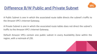 Difference B/W Public and Private Subnet
A Public Subnet is one in which the associated route table directs the subnet’s traffic to
the Amazon VPC’s Internet Gateway.
A Private Subnet is one in which the associated route tables does not direct the subnet’s
traffic to the Amazon VPC’s Internet Gateway.
Default Amazon VPCs contain one public subnet in every Availability Zone within the
region, with a netmask of /20.
 
