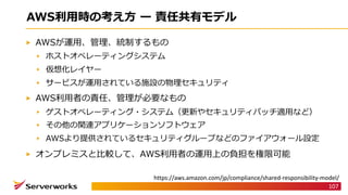 107
https://aws.amazon.com/jp/compliance/shared-responsibility-model/
A
A
W
A
S
 