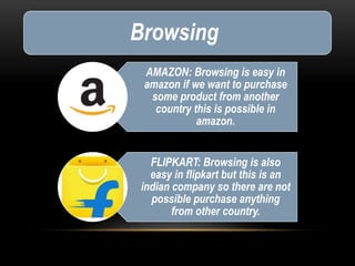 Browsing
AMAZON: Browsing is easy in
amazon if we want to purchase
some product from another
country this is possible in
amazon.
FLIPKART: Browsing is also
easy in flipkart but this is an
indian company so there are not
possible purchase anything
from other country.
 