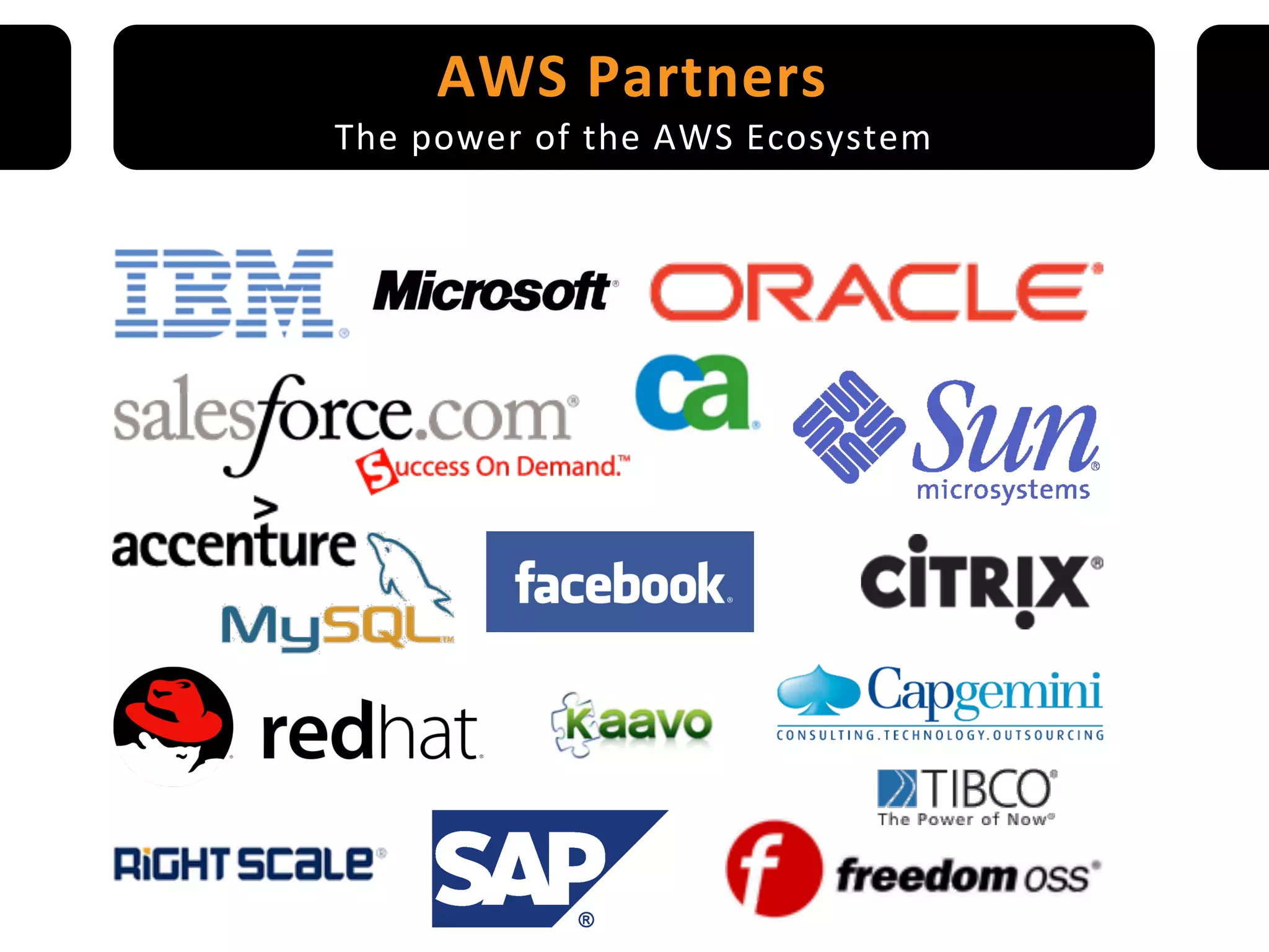 AWS	
   P artners
                        	
  
The	
  power	
  of	
  the	
  AWS	
  Ecosystem	
  
 
